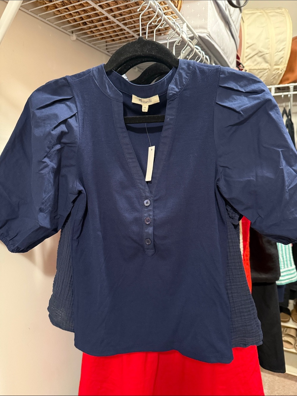 Madewell NWT Navy Puff-Sleeve Henley Blouse